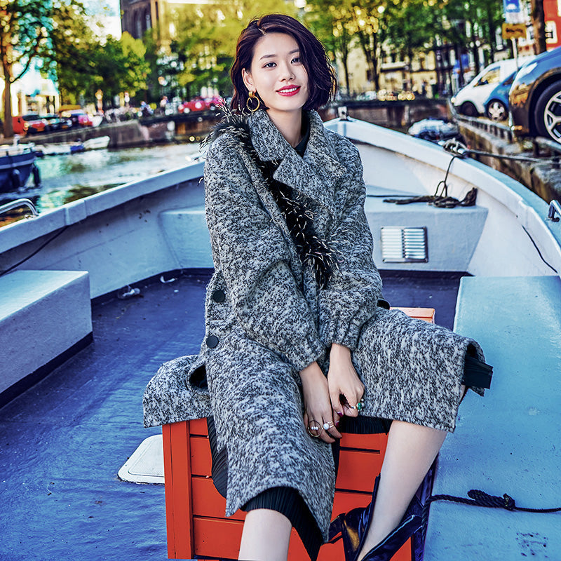 Gray Wool Coat Loose Fitting Notched Long Coat Side Open Coat