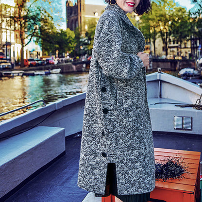 Gray Wool Coat Loose Fitting Notched Long Coat Side Open Coat