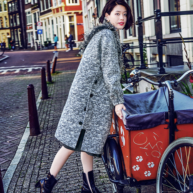 Gray Wool Coat Loose Fitting Notched Long Coat Side Open Coat