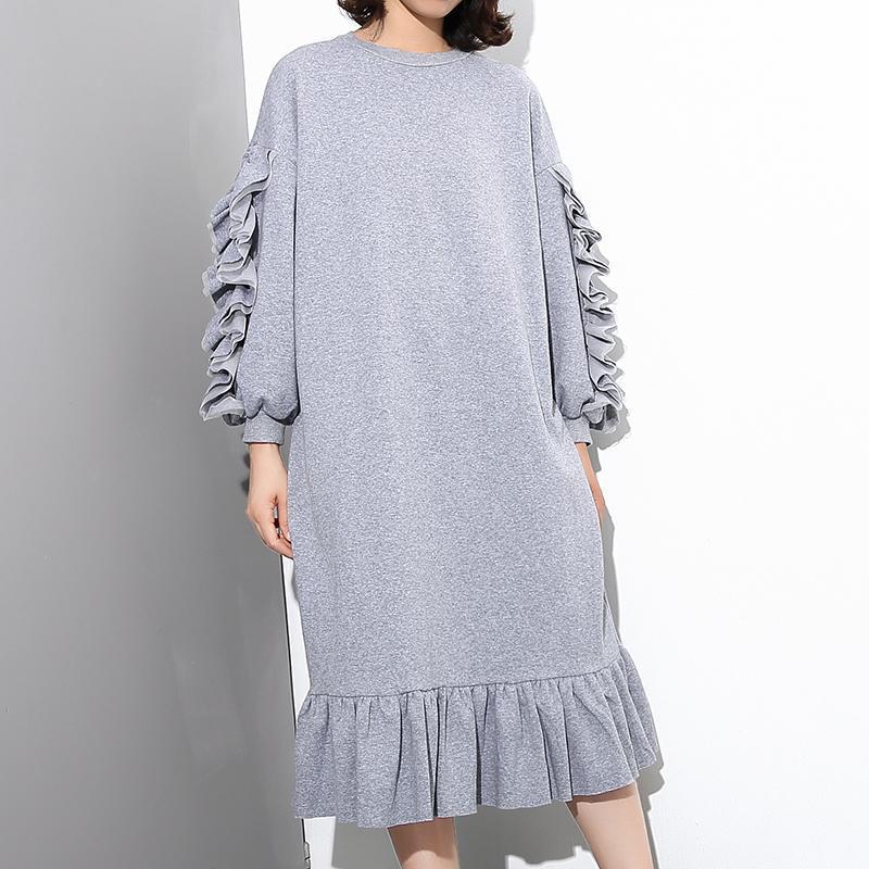 Gray Cotton Maxi Dress Loose Fitting O Neck Fall Dresses New Long Sleeve Cinched Caftans