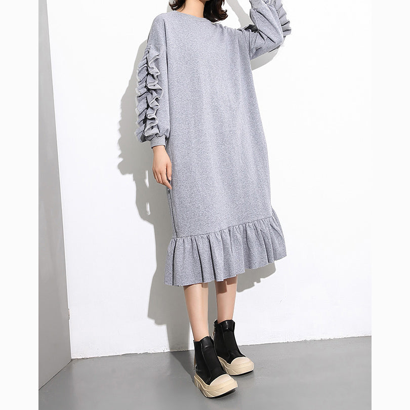 Gray Cotton Maxi Dress Loose Fitting O Neck Fall Dresses New Long Sleeve Cinched Caftans