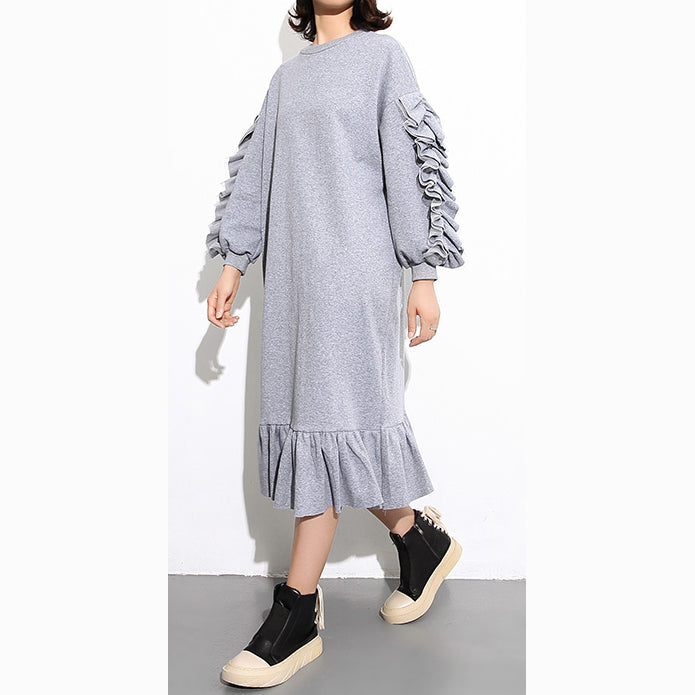 Gray Cotton Maxi Dress Loose Fitting O Neck Fall Dresses New Long Sleeve Cinched Caftans
