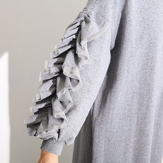 Gray Cotton Maxi Dress Loose Fitting O Neck Fall Dresses New Long Sleeve Cinched Caftans