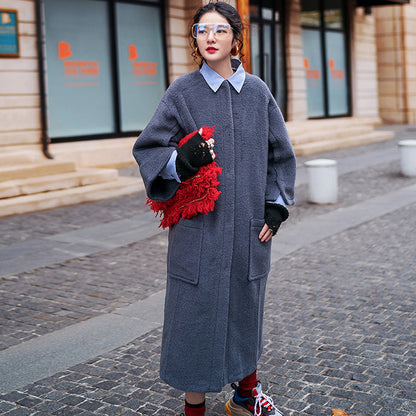 Gray Long Coat Oversized O Neck Wool Coat Boutique Flare Sleeve Pockets Long Coat