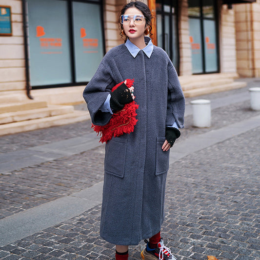 Gray Long Coat Oversized O Neck Wool Coat Boutique Flare Sleeve Pockets Long Coat