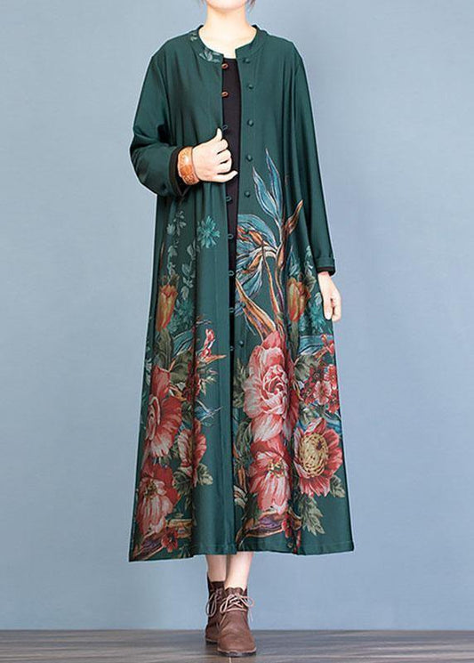 Green Prints Coat Oversize Long Coat Fall Trench Coats O Neck