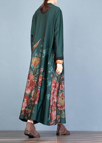 Green Prints Coat Oversize Long Coat Fall Trench Coats O Neck