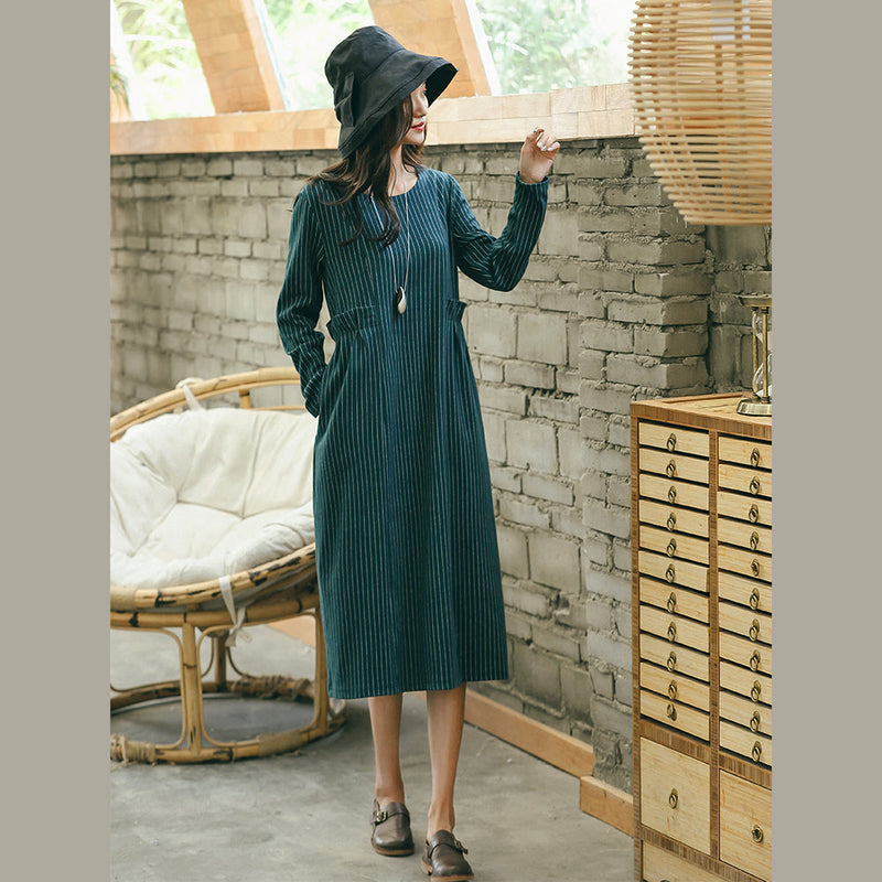 Green Striped Dresses Pockets O Neck Dresses