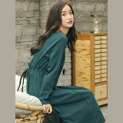 Green Striped Dresses Pockets O Neck Dresses