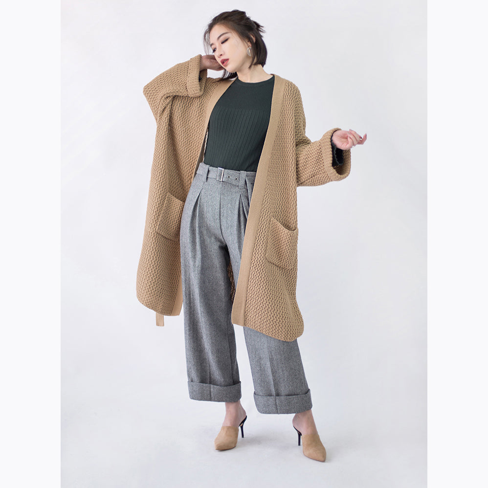 Khaki Coats Flare Sleeve Tie Waist Winter Coat Fine Pockets Wool Jackets