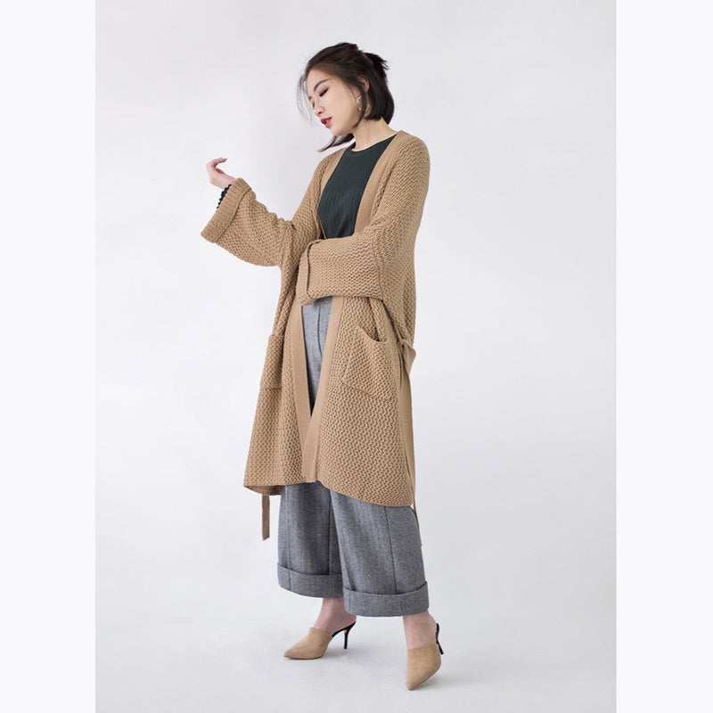 Khaki Coats Flare Sleeve Tie Waist Winter Coat Fine Pockets Wool Jackets