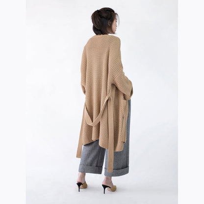 Khaki Coats Flare Sleeve Tie Waist Winter Coat Fine Pockets Wool Jackets