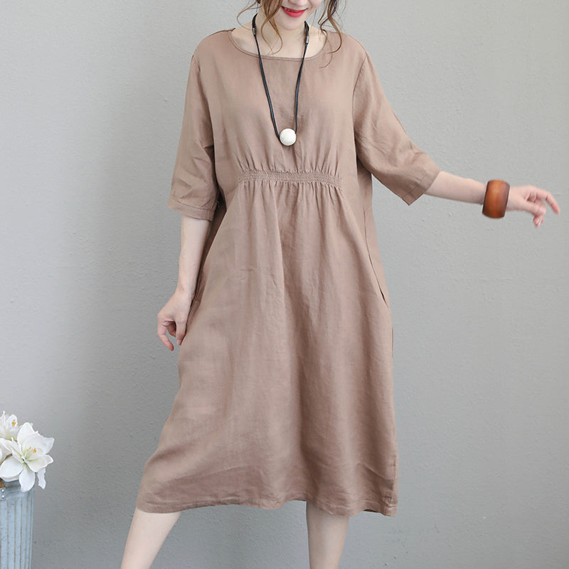 Khaki Linen Maxi Dress Loose Fitting Tunic Traveling Clothing Bracelet Sleeved Kaftans
