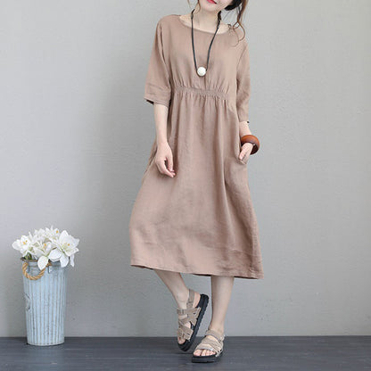 Khaki Linen Maxi Dress Loose Fitting Tunic Traveling Clothing Bracelet Sleeved Kaftans