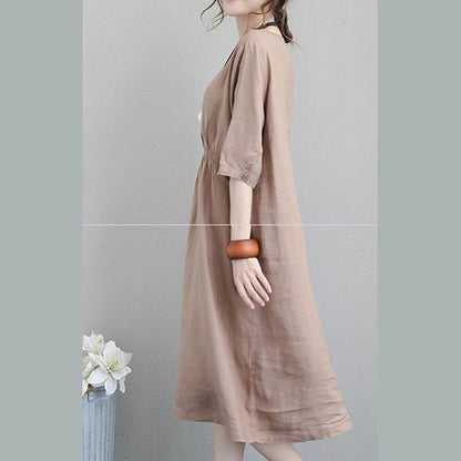 Khaki Linen Maxi Dress Loose Fitting Tunic Traveling Clothing Bracelet Sleeved Kaftans