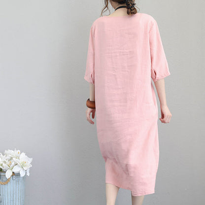 Khaki Linen Maxi Dress Loose Fitting Tunic Traveling Clothing Bracelet Sleeved Kaftans