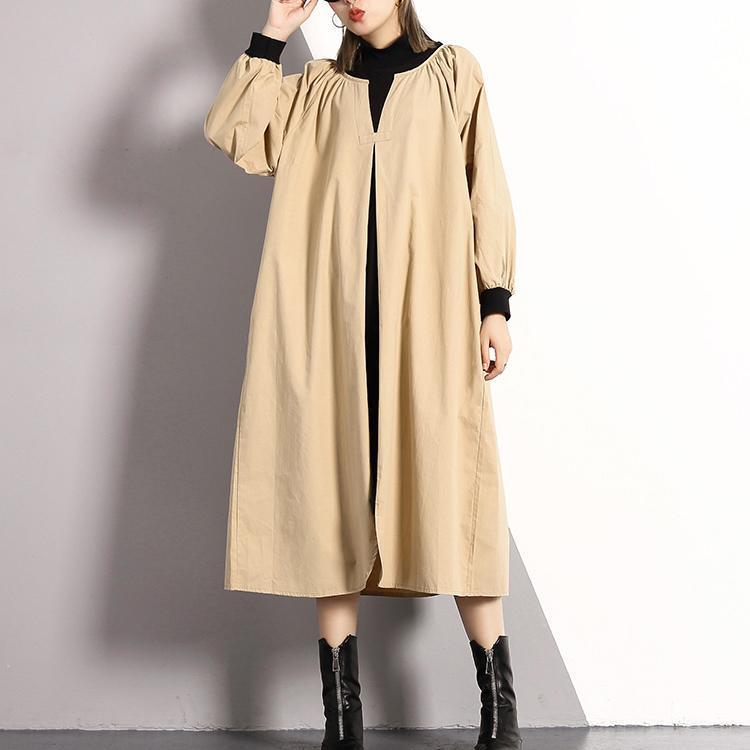 Khaki Long Cotton Blended Dress Turtleneck Caftans Front Side Open False Two Pieces Kaftans