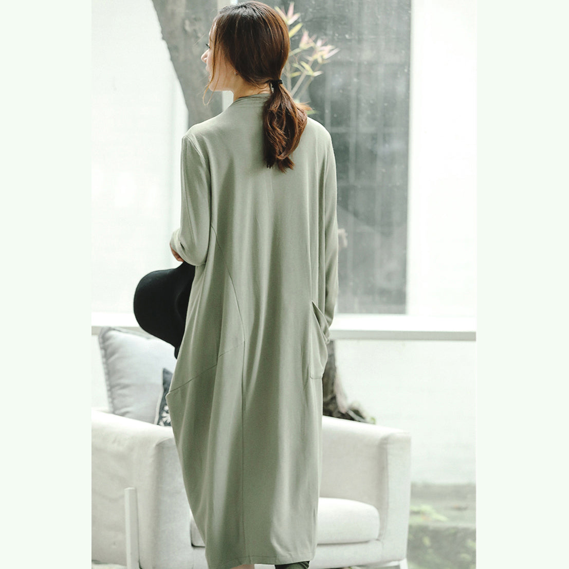 Light Green Knit Dresses Clothing Stand Collar Winter Dresses Asymmetric Pockets Pullover
