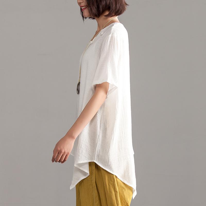 Linen Blended Summer Top Loose Fitting Irregular Hem Summer Short Sleeve Loose Blouse