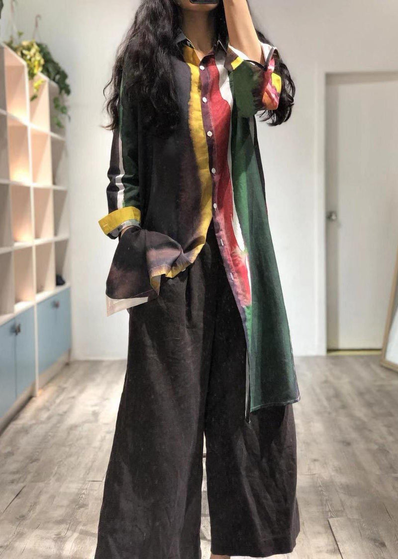 Linen Blended Turn-down Collar Green Print Long Shirt