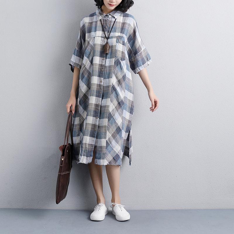 Linen Dresses Loose Fitting Polo Collar Short Sleeve Plaid Linen Shirt Dress