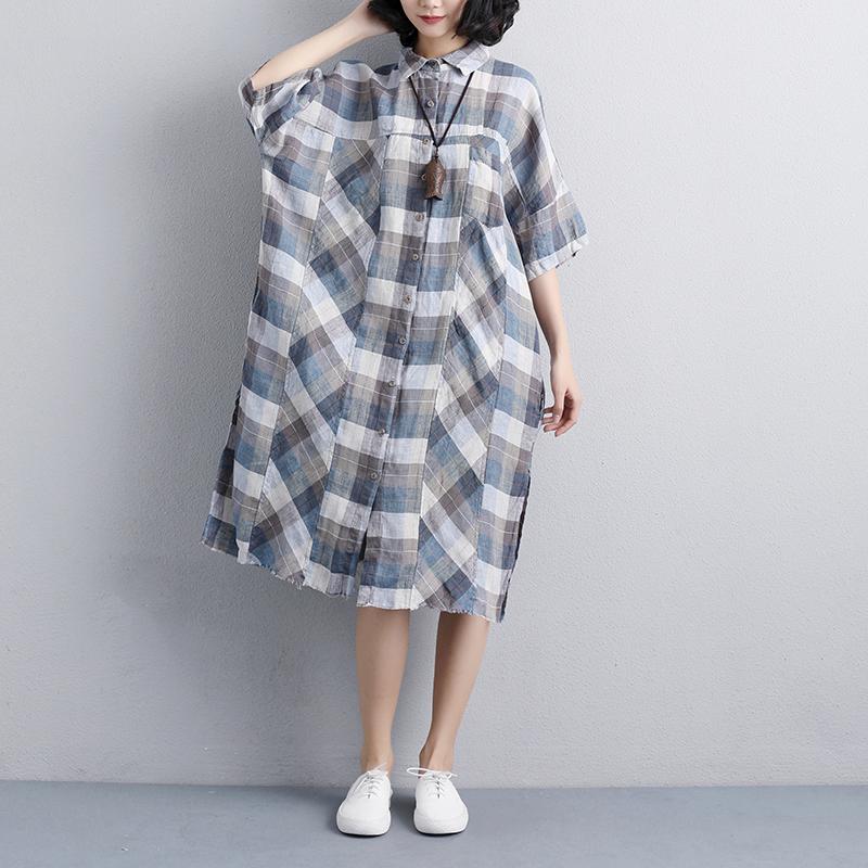 Linen Dresses Loose Fitting Polo Collar Short Sleeve Plaid Linen Shirt Dress