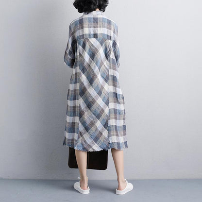 Linen Dresses Loose Fitting Polo Collar Short Sleeve Plaid Linen Shirt Dress