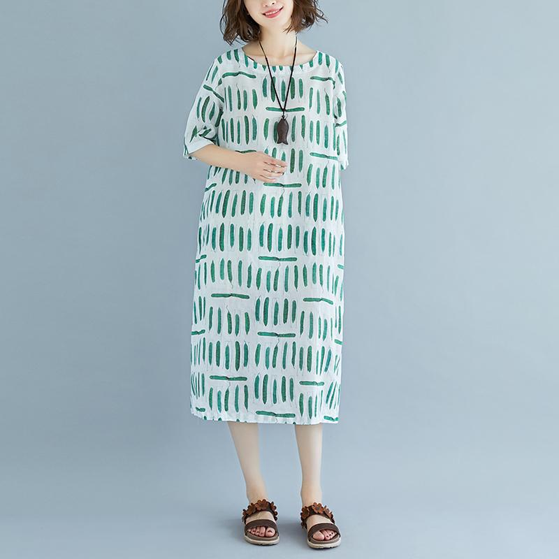 Linen Sundress Loose Fitting Short Sleeve Round Neck Pockets Summer Dress