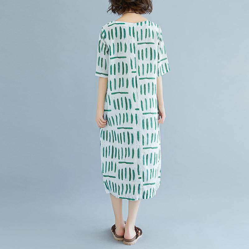 Linen Sundress Loose Fitting Short Sleeve Round Neck Pockets Summer Dress