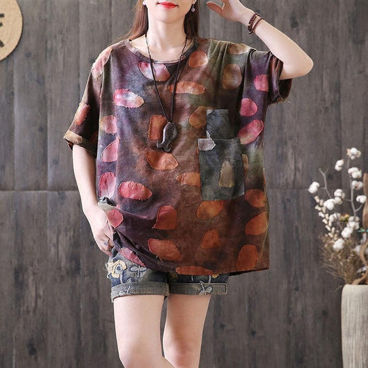 Linen Tops Applique Distressed Summer Round Neck T Shirt