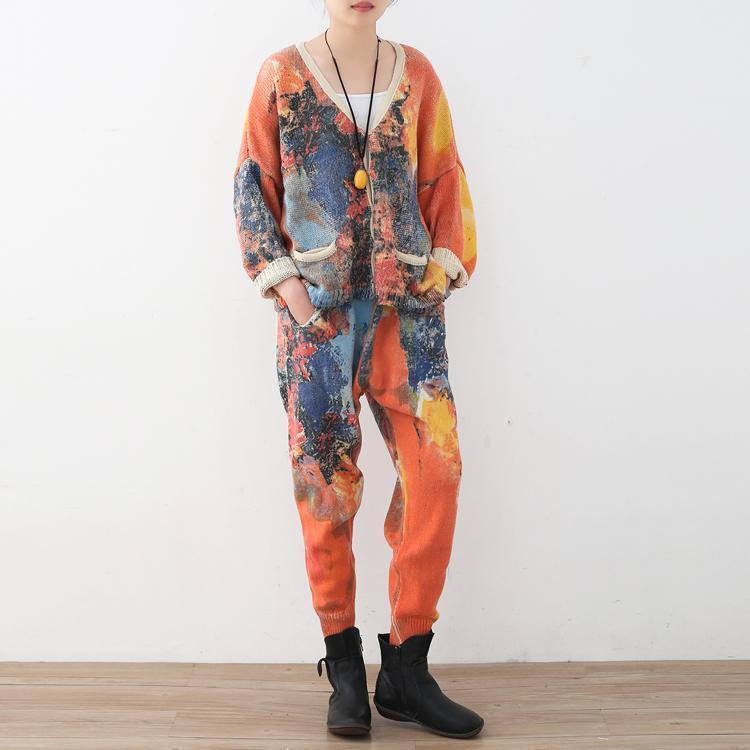 Orange Prints Sweater Cardigans and Elastic Waist Knit Pants Two Pieces