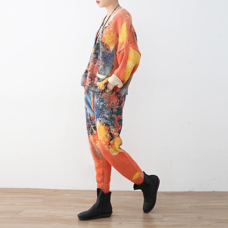 Orange Prints Sweater Cardigans and Elastic Waist Knit Pants Two Pieces