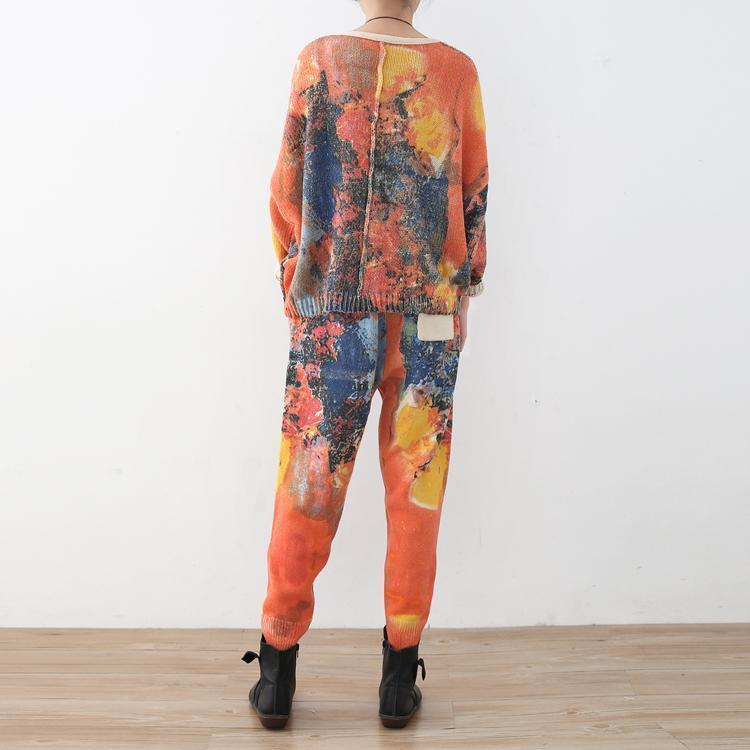 Orange Prints Sweater Cardigans and Elastic Waist Knit Pants Two Pieces