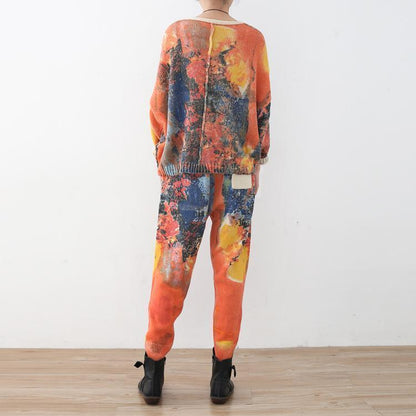 Orange Prints Sweater Cardigans and Elastic Waist Knit Pants Two Pieces