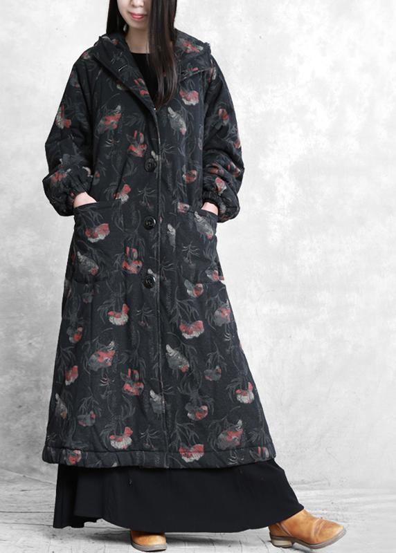 Oversize Trench Coat Dark Gray Print Hooded Button Down Woolen Coats