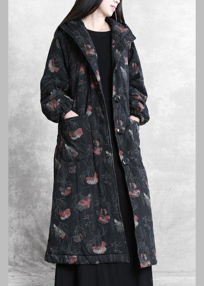 Oversize Trench Coat Dark Gray Print Hooded Button Down Woolen Coats