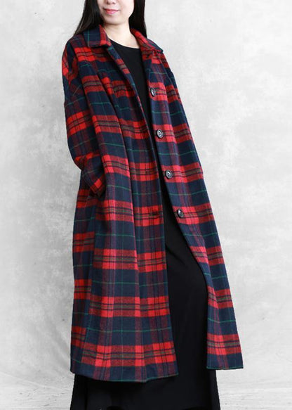 Winter Coat Woolen Outwear Red Plaid Notched Pockets Wool Overcoat