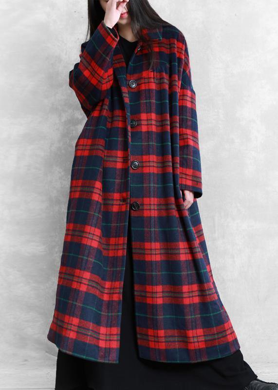 Winter Coat Woolen Outwear Red Plaid Notched Pockets Wool Overcoat