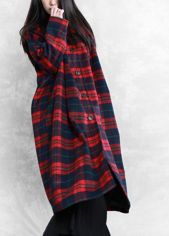 Winter Coat Woolen Outwear Red Plaid Notched Pockets Wool Overcoat
