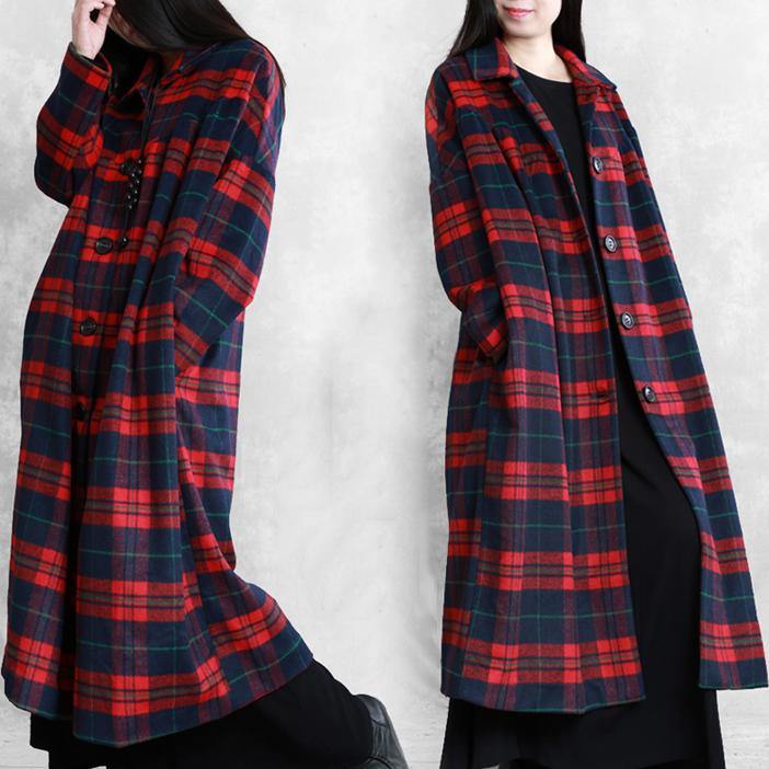 Winter Coat Woolen Outwear Red Plaid Notched Pockets Wool Overcoat
