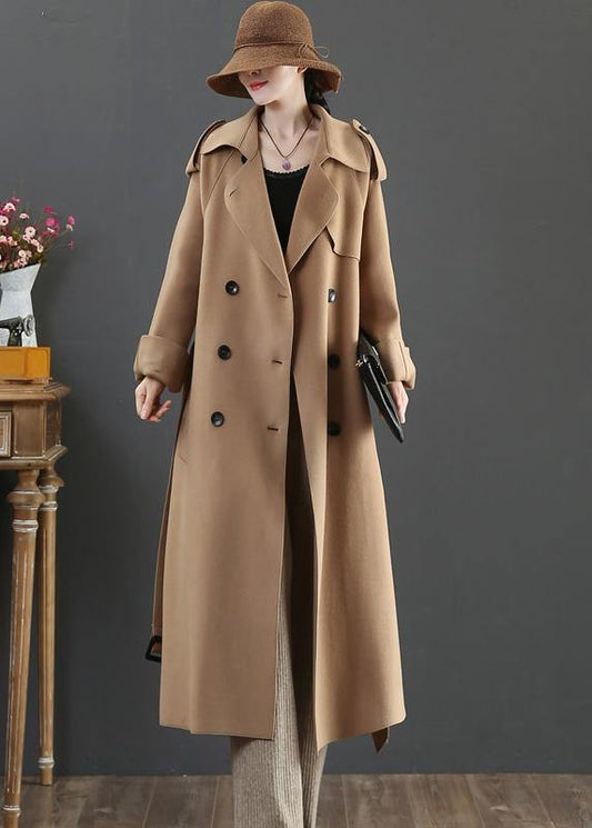 Clothing Long Winter Woolen Outwear Brown Lapel Double Breast Wool Coat for Woman