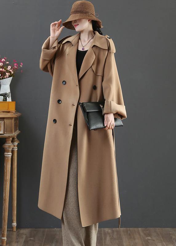 Clothing Long Winter Woolen Outwear Brown Lapel Double Breast Wool Coat for Woman