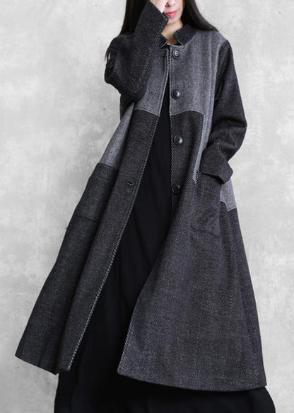 Long Coat Outwear Dark Gray Stand Collar Patchwork Woolen Overcoat
