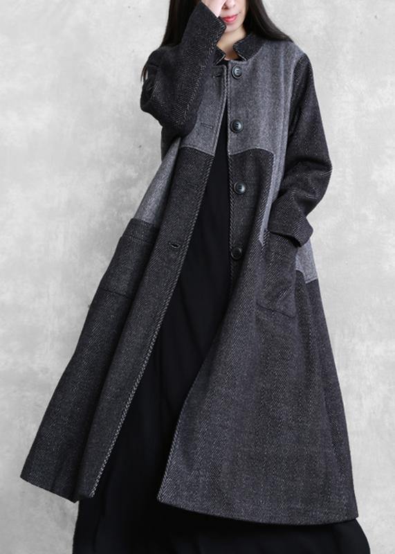 Long Coat Outwear Dark Gray Stand Collar Patchwork Woolen Overcoat