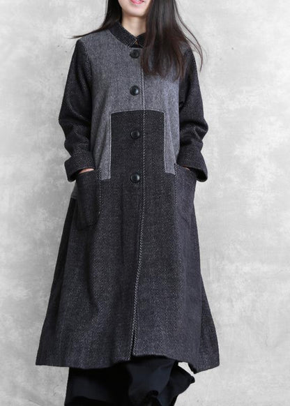 Long Coat Outwear Dark Gray Stand Collar Patchwork Woolen Overcoat