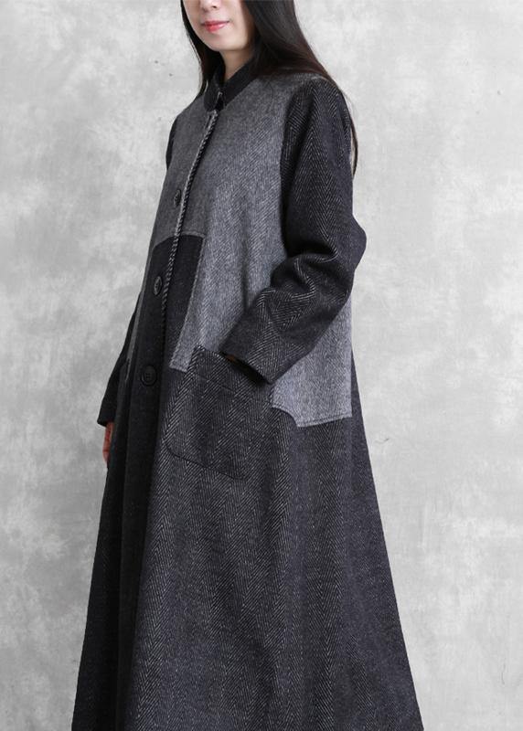 Long Coat Outwear Dark Gray Stand Collar Patchwork Woolen Overcoat