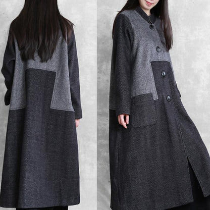 Long Coat Outwear Dark Gray Stand Collar Patchwork Woolen Overcoat