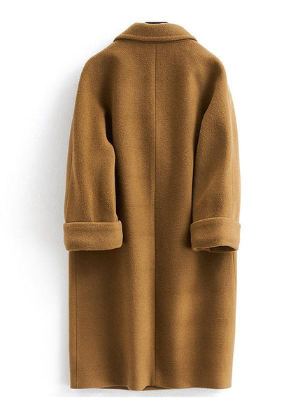 Long Double Breast Coats Brown Notched Woolen Outwear