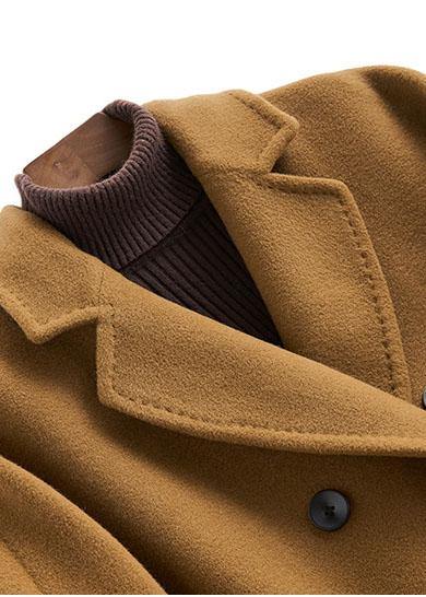 Long Double Breast Coats Brown Notched Woolen Outwear