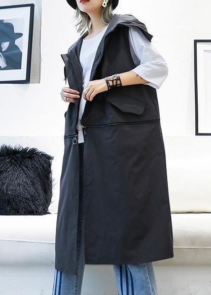 Medium Length Sleeveless Coats Black Hooded Zippered Coat